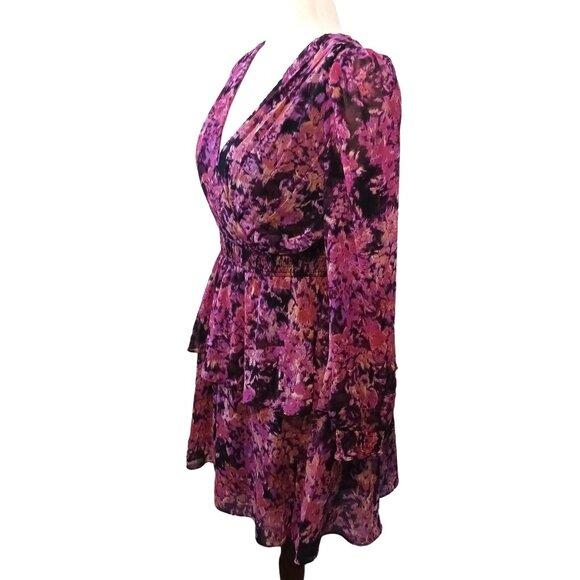 NEW VERO‎ MODA Britt Ruffle Long Sleeve Dress in Black/Purple Multi, Size M - Picture 5 of 14